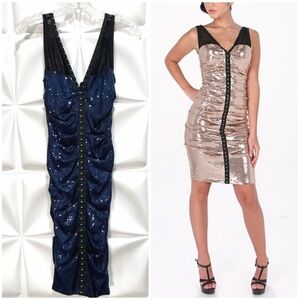 Nicole Miller Sz 2 Blue Sequin Black Illusion Mesh V Neck Corset Ruched Dress